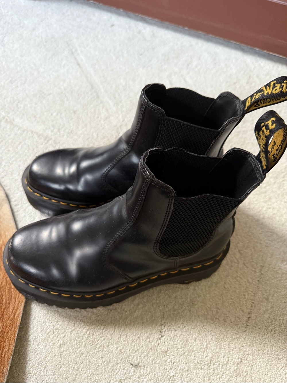 Dr. Martens Black Leather Platform Chelsea Boots with Yellow Stitching